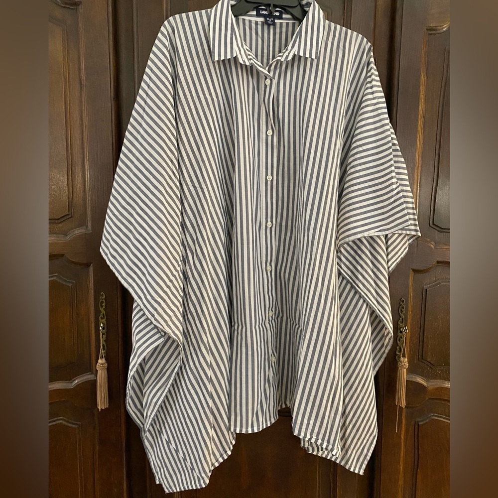 100% cotton button up poncho style tunic coverup in dark navy white stripe XLP
